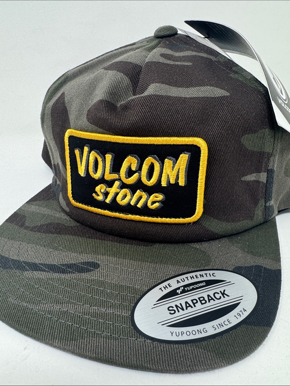 Volcom Camo Snapback Hat with Yellow Patch